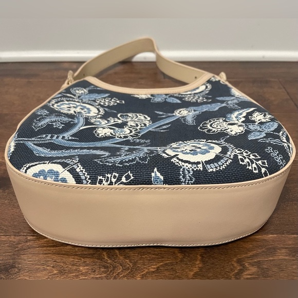 Spartina 449 Bella Hobo Oyster Factory Blue White Cream Linen Leather Hobo Bag - Picture 5 of 11